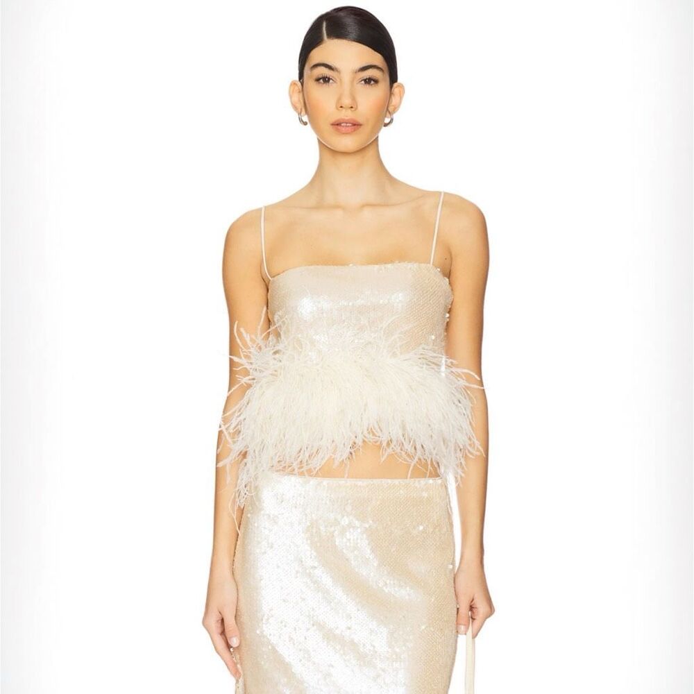 L'academie Ceci Sequin Ostrich Feather Cami in Blush Nude - Size S